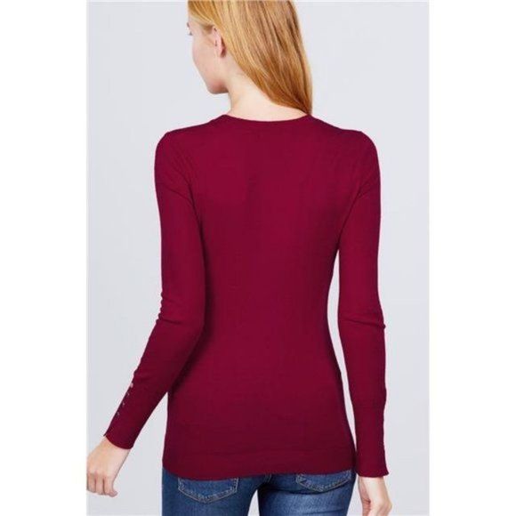 Wine Red Lightweight Viscose V Neck Sweater with Rivet Detail - Picture 5 of 5